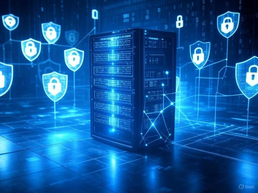 A digital security server surrounded by glowing shield icons representing cybersecurity and data protection. A digital security server surrounded by glowing shield icons representing cybersecurity and data protection.