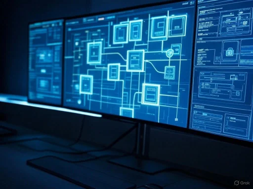 Multiple digital screens display complex system architecture and cybersecurity interface in a high-tech environment. Multiple digital screens display complex system architecture and cybersecurity interface in a high-tech environment.