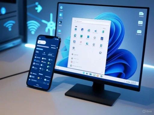 A computer monitor and a smartphone display a tech interface with Wi-Fi signals and app icons.