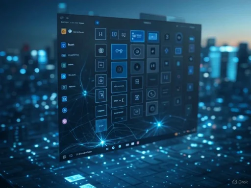 A digital interface with various app icons floating over a cityscape at dusk, highlighting technology and connectivity.