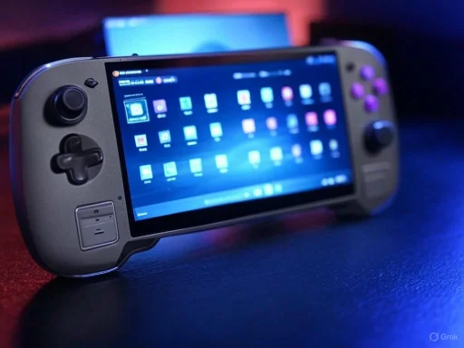 A handheld gaming console displaying a screen filled with app icons, lying on a dark surface. A handheld gaming console displaying a screen filled with app icons, lying on a dark surface.