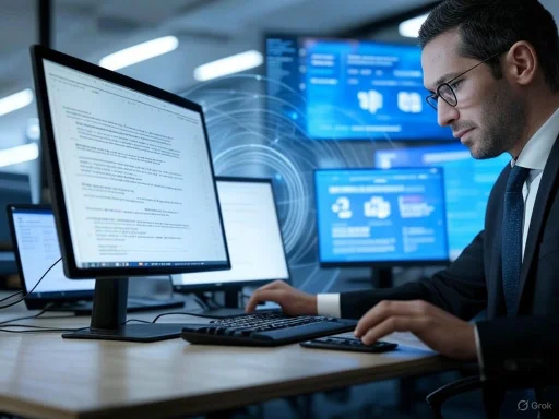 A professional man in glasses and a suit working at a computer in a high-tech office environment with multiple monitor screens.