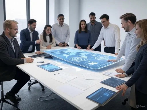 A diverse group of professionals discusses a large futuristic digital world map displayed on a table in a modern office. A diverse group of professionals discusses a large futuristic digital world map displayed on a table in a modern office.