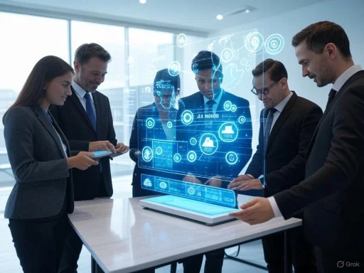Business professionals interact with a holographic digital interface in a modern conference room.