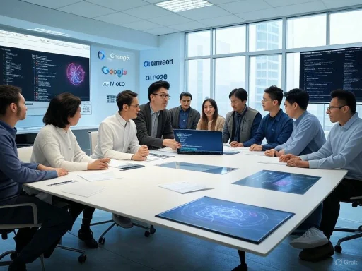 Team of professionals in a modern conference room discussing data and technology projects.