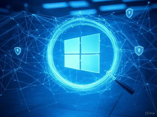 The image depicts a digital representation of Windows logo surrounded by data connections, shields, and a magnifying glass in a technological context.
