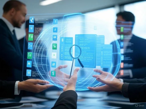 Businesspeople examining a holographic, futuristic digital interface with data and code visualizations.