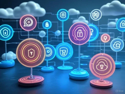 Digital security icons representing various cybersecurity concepts and cloud data protection.
