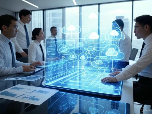 Business team discussing cloud computing and data storage on a futuristic holographic interface.