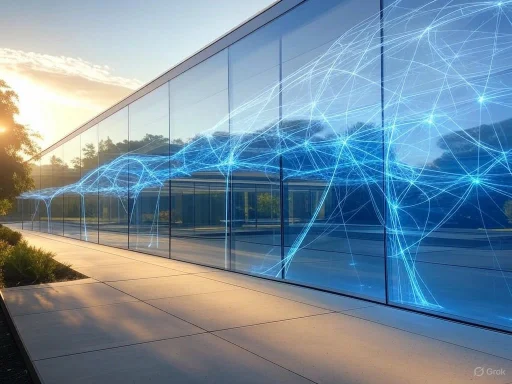 Futuristic blue neural network lines are reflected on a modern building's glass exterior at sunset.