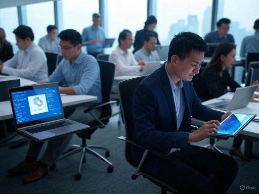 A businessman using a tablet in a modern, busy office conference room filled with people working on laptops.