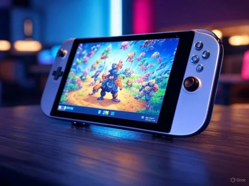 A handheld gaming console displays colorful fantasy game graphics in a dimly lit room.