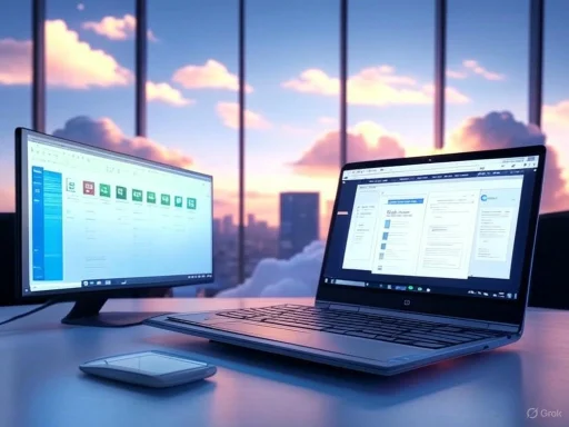 Two computer screens displaying spreadsheets and documents on a desk, with a city skyline and sunset sky outside.