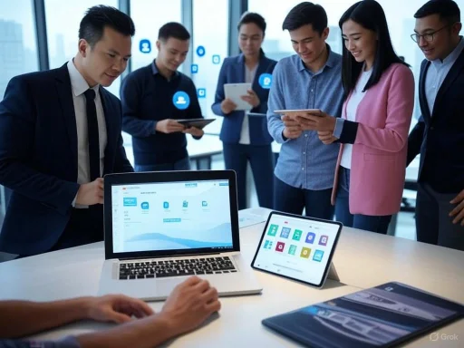 Business team reviewing digital devices and discussing data in a modern office environment.