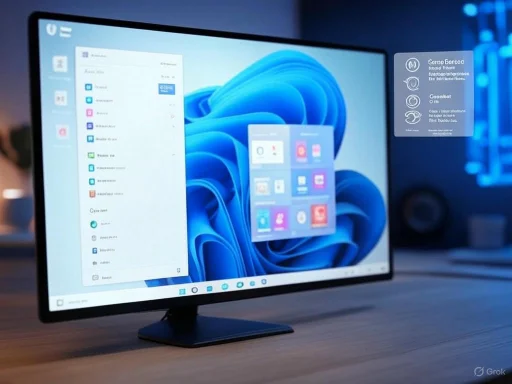 A computer monitor displays the Windows 11 interface with a blue abstract background and app icons.