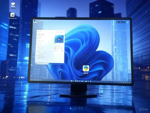 A computer monitor displaying a Windows 11 desktop with a cityscape background at night.