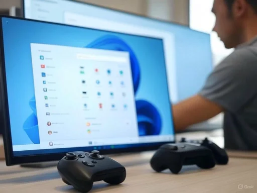 A person is gaming on a computer with two controllers in front, in a setting that appears to be an office or gaming space.
