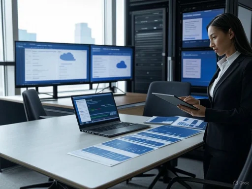 A businesswoman reviews data on a tablet in a high-tech office with multiple monitors displaying cloud-related information.