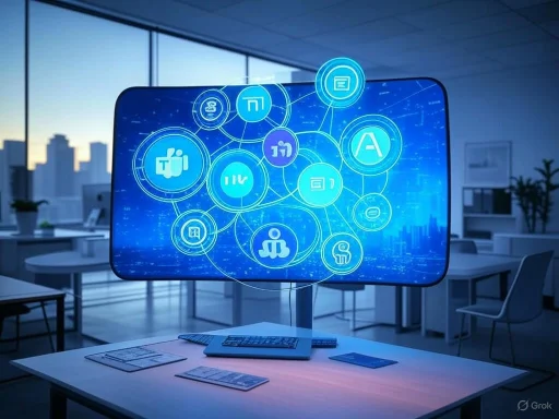 A digital display shows interconnected Microsoft Teams icons in a modern office setting. A digital display shows interconnected Microsoft Teams icons in a modern office setting.