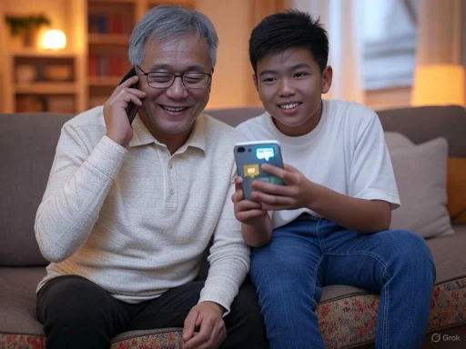 An older man and a boy sharing a joyful moment while looking at a smartphone together on a cozy sofa.