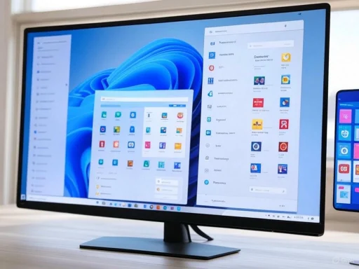 A computer monitor displays the Windows 11 desktop with app icons and open windows, on a wooden desk.