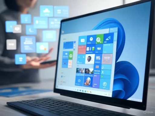 A laptop displays the Windows 11 start menu, with blurred floating app icons and a person using a tablet in the background. A laptop displays the Windows 11 start menu, with blurred floating app icons and a person using a tablet in the background.