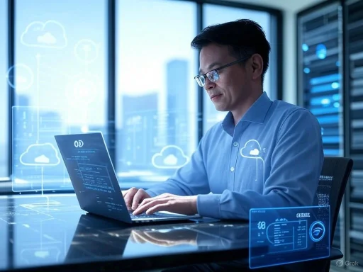 A man working on a laptop in a modern, high-tech office with virtual cloud and data graphics.