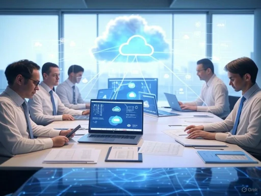 Business meeting focused on cloud computing and data sharing in a modern office.
