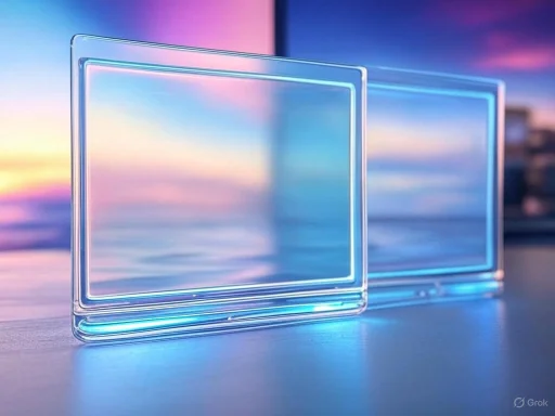 Two transparent glass panels with neon blue edges are set against a colorful sunset sky.