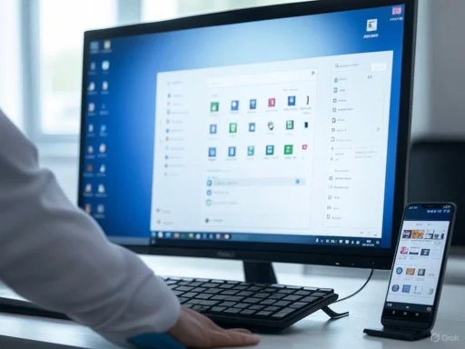 A person working on a desktop computer and smartphone in an office setting.
