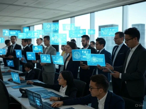 A diverse group of professionals in business attire using tablets and holographic displays in a high-tech conference room. A diverse group of professionals in business attire using tablets and holographic displays in a high-tech conference room.