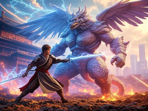 A warrior confronts a massive, winged, rock-scaled dragon amidst a fiery, lightning-filled battlefield.