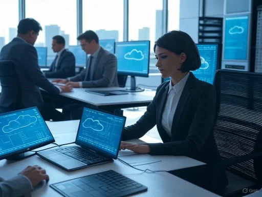 Business professionals analyze cloud computing data in a high-rise office with multiple monitors and city views. Business professionals analyze cloud computing data in a high-rise office with multiple monitors and city views.