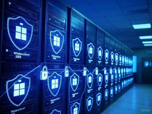 A server room with racks displaying digital security and Windows logos, illuminated by blue neon lights. A server room with racks displaying digital security and Windows logos, illuminated by blue neon lights.