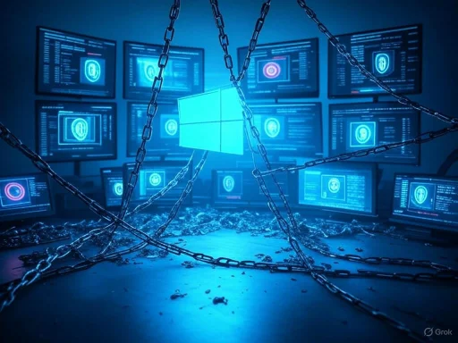 Multiple monitors display biometric data and security icons behind chains and a glowing Windows logo in a dark, tech-themed room.