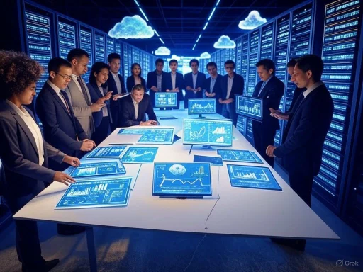 A team of professionals analyzes data and charts on digital screens in a futuristic server room.