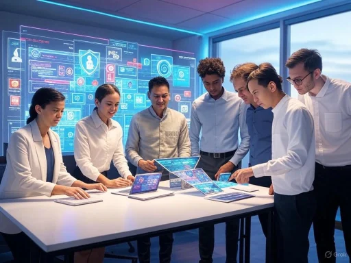 A diverse team discusses futuristic technology interfaces in a high-tech conference room with holographic displays.