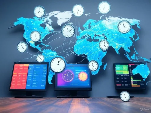 Global time zones are displayed on a world map with clocks and data screens showing worldwide schedules and updates. Global time zones are displayed on a world map with clocks and data screens showing worldwide schedules and updates.