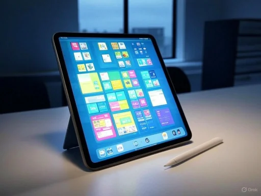 A tablet displaying colorful app icons, propped up on a white table with a stylus nearby, in a modern office setting.