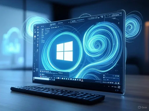 A futuristic computer screen displaying a Windows logo surrounded by glowing swirling blue patterns.