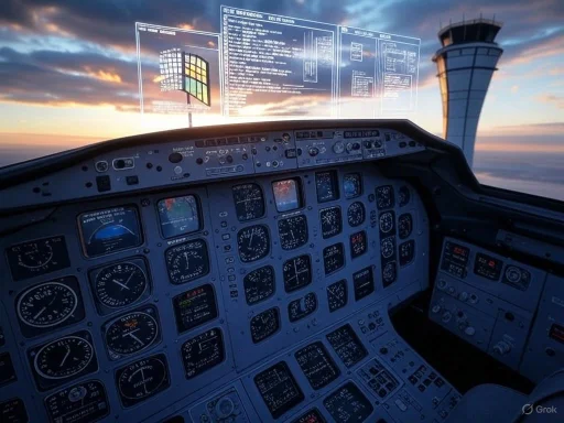 The cockpit of a plane flying at sunset, with a digital heads-up display showing various aircraft data.