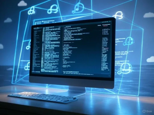 A computer monitor displays lines of code against a digital background featuring cloud icons and connected diagram elements. A computer monitor displays lines of code against a digital background featuring cloud icons and connected diagram elements.