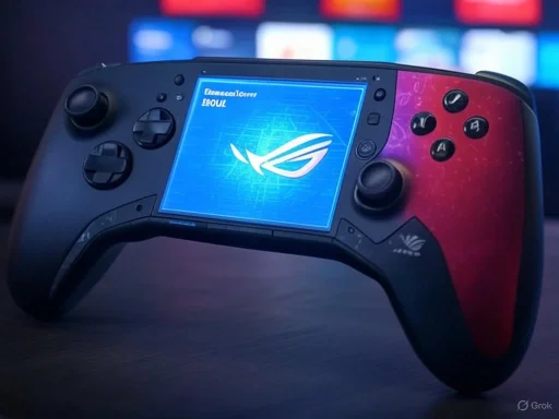 A gaming handheld with a PlayStation-style design, featuring the ASUS ROG logo on a digital screen.