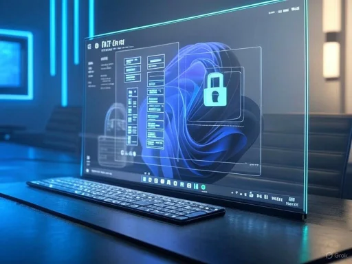 A futuristic, transparent digital interface with a lock icon on a sleek computer screen in a high-tech office setting.