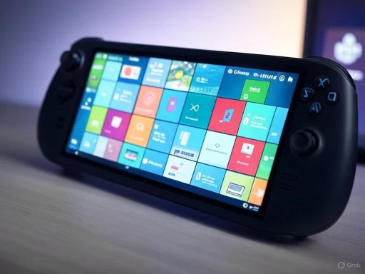 A handheld gaming console displaying a colorful grid of apps and icons on its screen.