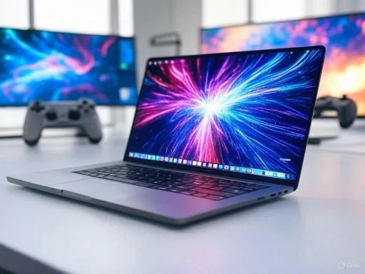 A sleek laptop displaying colorful, dynamic light streaks with two gaming controllers and monitors in the background.
