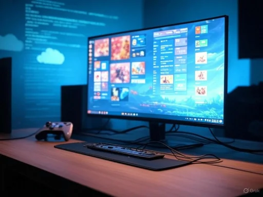 A gaming setup with a large monitor displaying a colorful interface, a keyboard, and a game controller on a wooden desk.