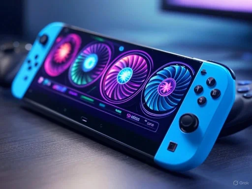 A handheld gaming console with neon-colored spinning wheel graphics displayed on the screen.