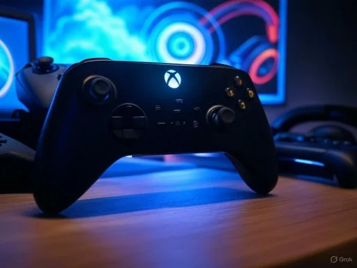 An Xbox controller rests on a wooden desk with a gaming monitor displaying colorful graphics in the background.