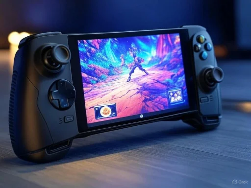 A handheld gaming device displaying a vibrant fantasy scene with a character in a colorful, glowing landscape.